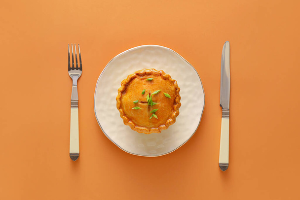 Πιάτο με νόστιμη κρεατόπιτα στο φόντο χρώμα - Φωτογραφία, εικόνα