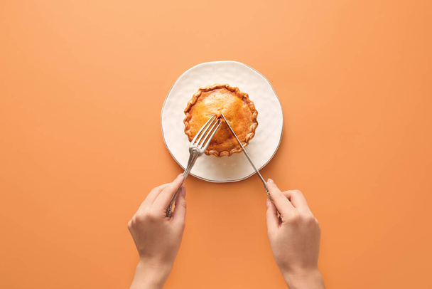 Woman cutting tasty beef pot pie on plate - Foto, immagini