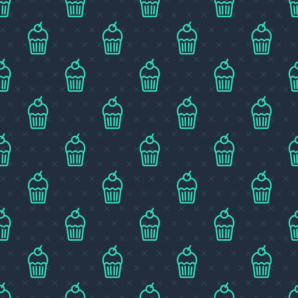 Línea verde Muffin icono aislado patrón sin costuras sobre fondo azul. Vector - Vector, imagen