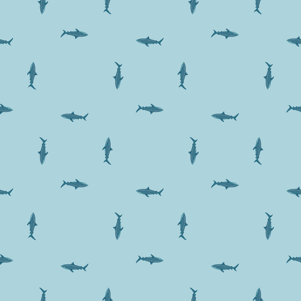 Naadloos patroon Tijgerhaai lichtblauwe achtergrond. Blauwe textuur van zeevissen voor elk doel. Geometrische sjabloon voor textiel ontwerp. Eenvoudige vector ornament. - Vector, afbeelding
