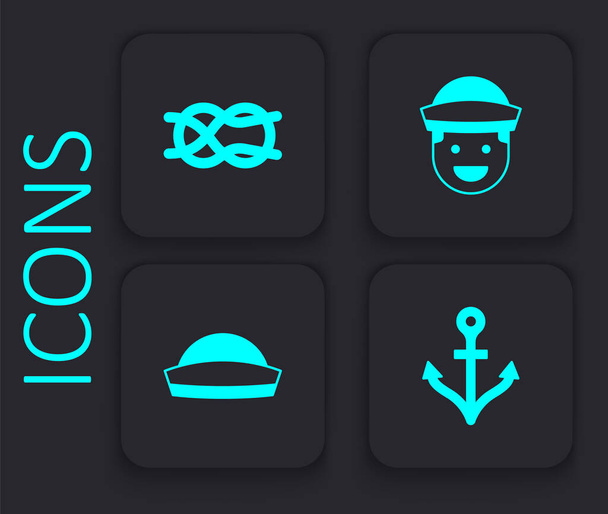 Set Ancla, Nudos de cuerda náutica, Icono marinero y sombrero. Botón cuadrado negro. Vector - Vector, imagen