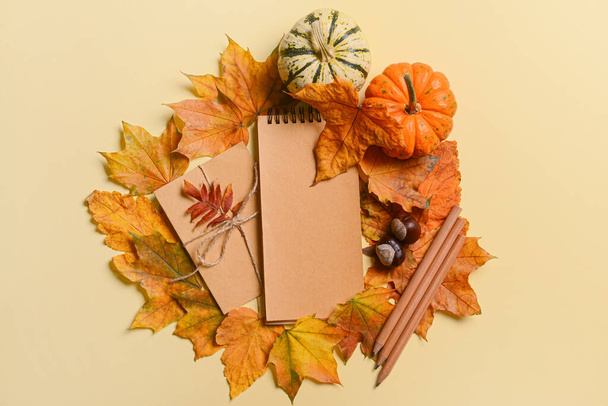 Notebook with pencils, pumpkins, chestnuts and fallen leaves on beige background - Photo, Image