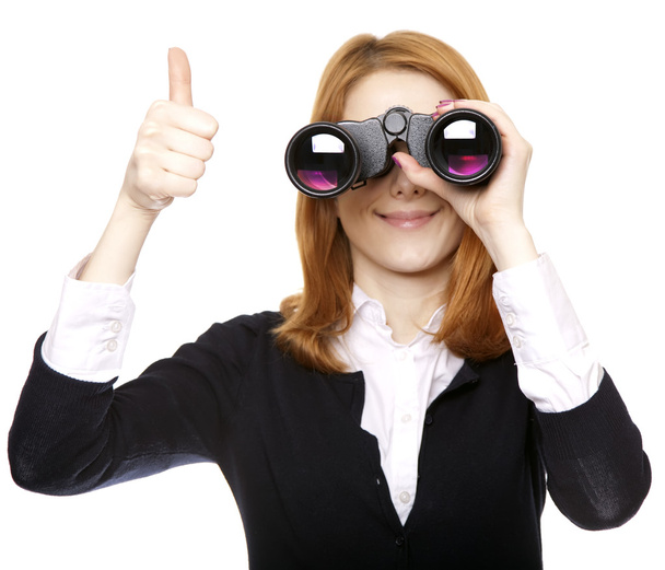 Las mujeres de negocios que buscan con binocular y mostrar símbolo OK
. - Foto, imagen