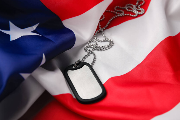 Military tag on flag of USA - Foto, Imagen