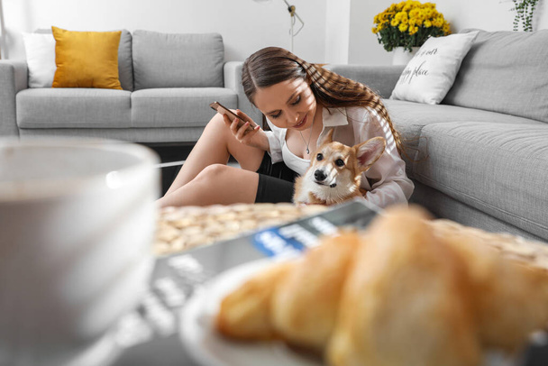 Young woman with mobile phone and cute Corgi dog at home - 写真・画像