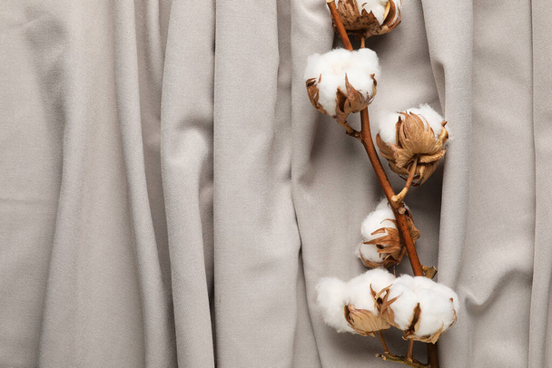 Rama de hermosas flores de algodón sobre fondo de tela arrugada - Foto, Imagen
