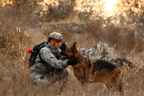 Żołnierz z wojskowym psem pracujących na świeżym powietrzu - Zdjęcie, obraz