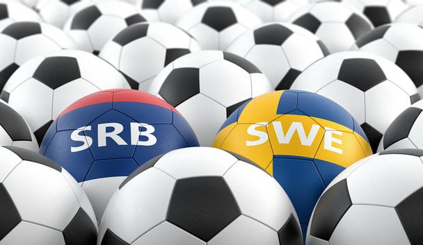Sweden vs. Serbia Soccer Match - Leather balls in Sweden and Serbia national colors. 3D Rendering  - Fotoğraf, Görsel