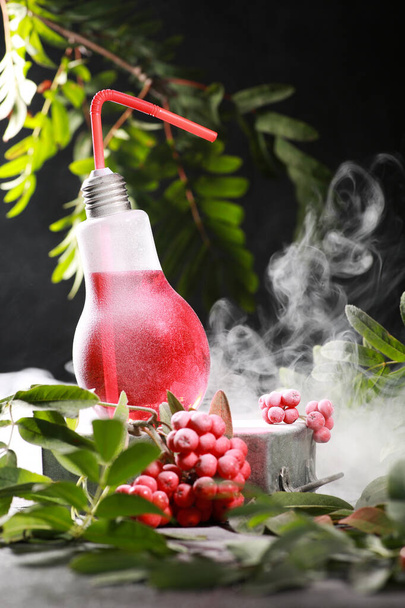 Drinks and cocktails. Red drink in a glass, in a lamp with tubes straw. Rowan berries, branches, smoke. Party, atmosphere. Background image, copy space - Foto, afbeelding