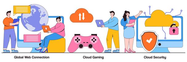 Global web connection, cloud gaming and security concept with tiny people. Cyber security engineering vector illustration set. Network communication, internet, video streaming online metaphor. - Vector, Image