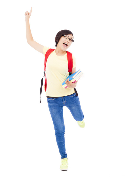 heureux jeune étudiant fille courir et lever une main
 - Photo, image