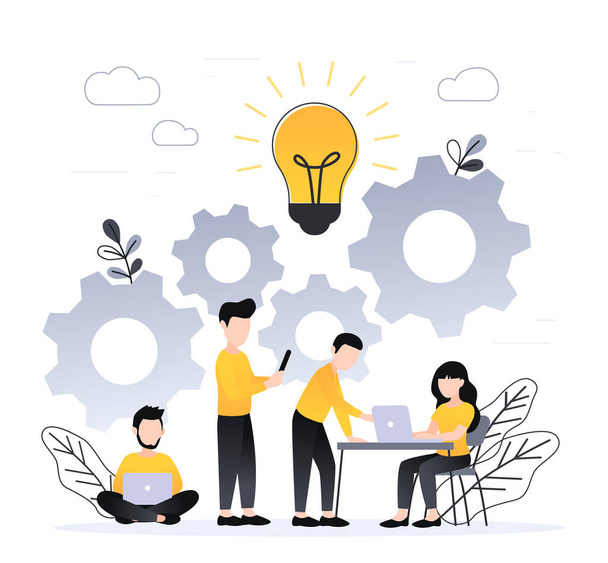 Die Menschen arbeiten zusammen. Coworking, Freelance, Teamwork, Kommunikation, Interaktion, Idee, eigenständiges Handlungskonzept, graue und gelbe Palette. Vektorabbildung auf weißem Hintergrund - Vektor, Bild