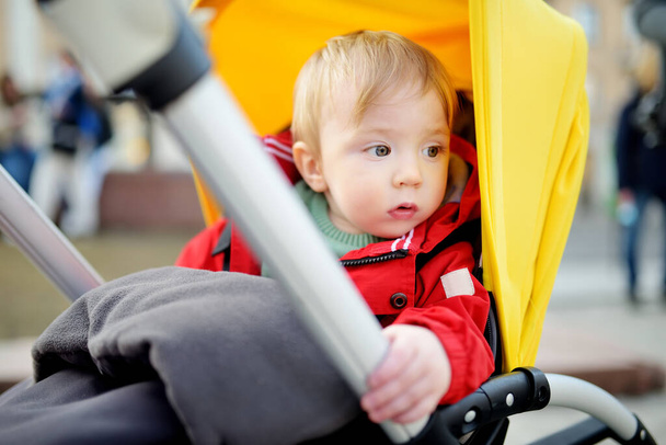 Sweet baby boy wearing red jacket sitting in a stroller outdoors. Little child in pram. Infant kid in pushchair. Spring walks with kids. Family leisure with little child. - Valokuva, kuva