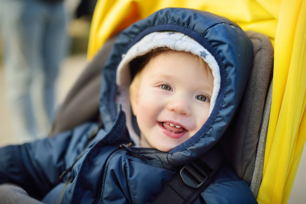 Sweet baby boy wearing warm clothes sitting in a stroller outdoors. Little child in pram. Infant kid in pushchair. Winter walks with kids. Family leisure with little child. - Valokuva, kuva