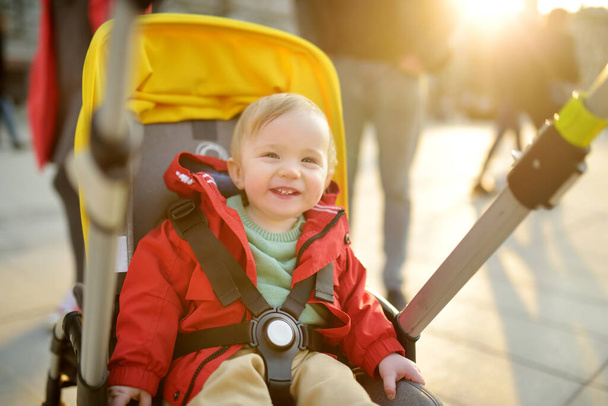 Sweet baby boy wearing red jacket sitting in a stroller outdoors. Little child in pram. Infant kid in pushchair. Spring walks with kids. Family leisure with little child. - Valokuva, kuva