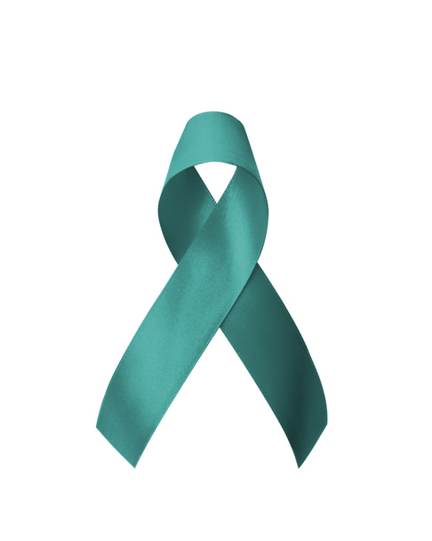 Teal ribbon awareness isolated on white (clipping path) for Ovarian Cancer, Polycystic Ovary Syndrome (PCOS) disease, Post Traumatic Stress Disorder (PTSD), Obsessive Compulsive Disorder (OCD) - Photo, Image