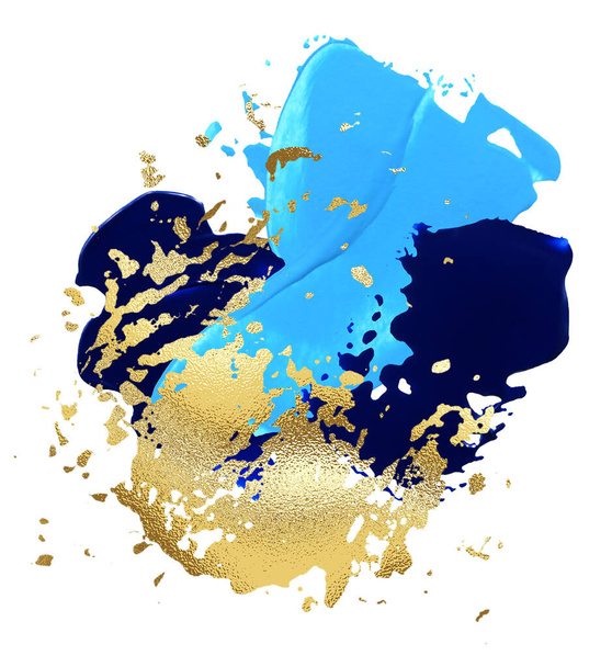 Hand drawn acrylic blue and golden glitter brushstroke swash on white background. Paint swatch smear poster composition. Wave stain splash art stroke. Abstract clipart. Card frame template - Foto, immagini