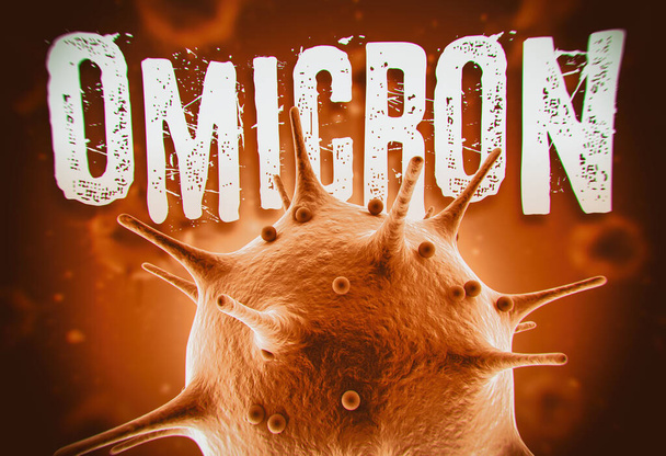 Coronavirus Omicron variant 3d render concept: Macro coronavirus cell and Omicron text in front of blurry virus cells floating on air. La variante de Omicron también conocida como el identificador de linaje PANGO B.1.1.529 - Foto, imagen