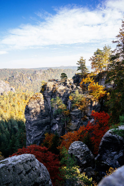 A vertical shot of rock on a background of a landscape in the daytime.Saxon Switzerland Bastei. - Foto, Imagen