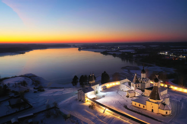ferapontovo winter monastery landscape, top view christmas religion architecture background - Fotó, kép