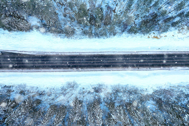 winter road top view, frost forest landscape outdoor - Photo, image