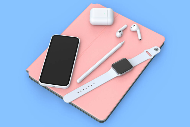Top view of computer tablet with stylus, smart watch, phone and headphones isolated on blue background. 3D rendering concept of creative designer equipment and compact workspace - Foto, Imagem