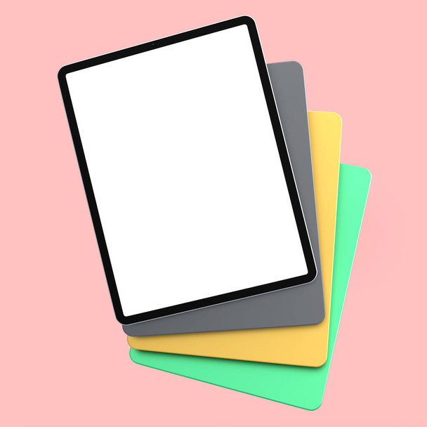 Set of computer tablets with cover case and blank screen isolated on pink background. 3D rendering concept of creative designer equipment and compact workspace - Foto, afbeelding
