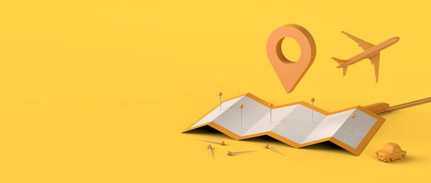 Locator mark, map with pins and transports. Travel concept. 3D illustration. Copy space. - Photo, Image
