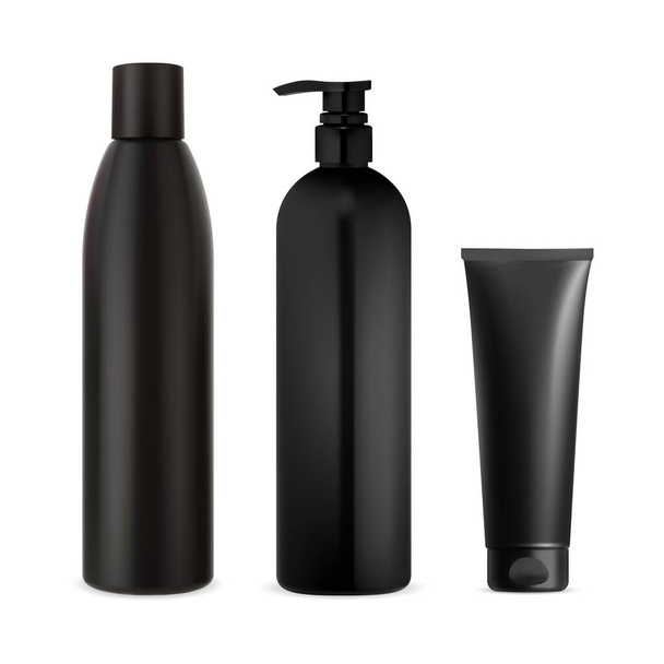 Set of black cosmetic bottle, shampoo bottle, pump container, cream tube. Realistic cosmetic collection, men body product. Body lotion dispenser template, black plastic bath pack template - Vector, imagen