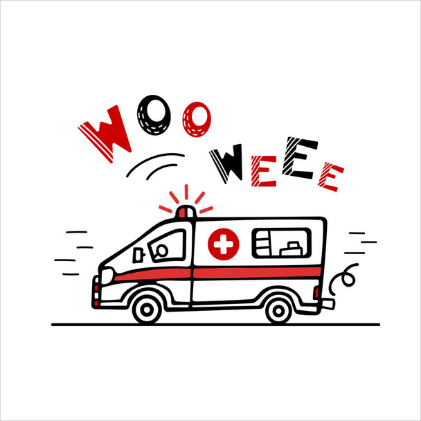 L'ambulanza ha fretta di aiutare. Simpatica illustrazione per bambini in stile scandinavo. Suoni di sirena letteraria. Stile disegnato a mano, colori rosso e nero. Manifesti, cartoline, striscioni, stampa su tessuto - Vettoriali, immagini