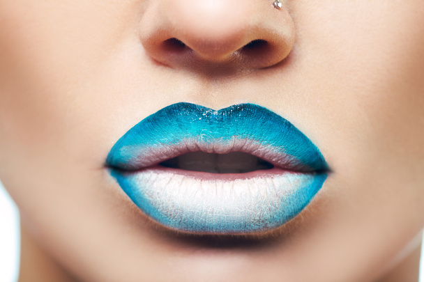 Macro photo of womans lips with lipstick - Фото, зображення