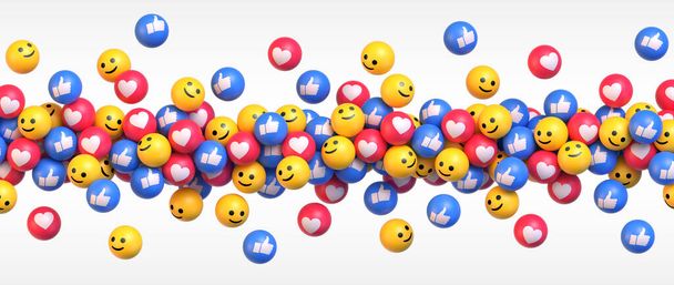 Получить больше лайков. Многие летают шарами с иконами социальных сетей. Желтые шары с улыбающимися лицами. Синие и красные шарики с большим пальцем и сердцем. Векторная иллюстрация - Вектор,изображение
