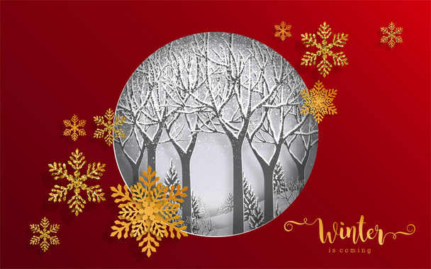 Noel ve kış mevsiminde kar yağan 2022 Ormanı kağıt sanatı ve dijital zanaat stili. - Vektör, Görsel