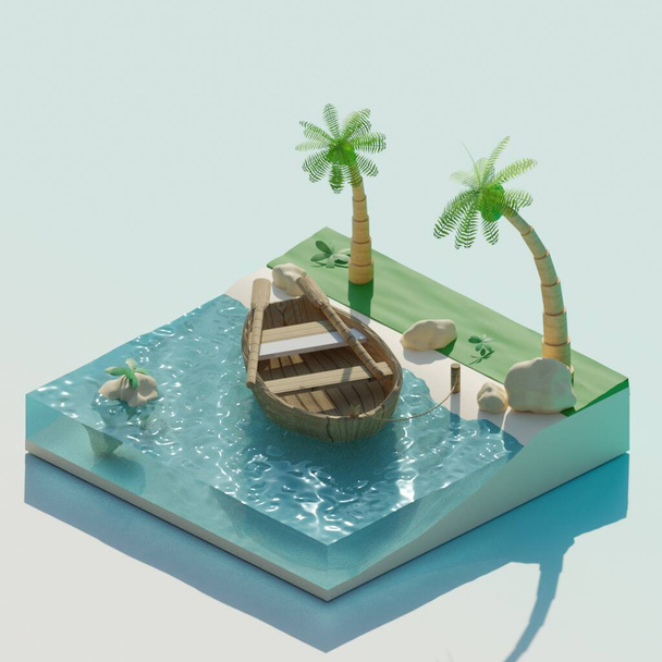 Isometric island with boat and palms. Island in low-poly style. - Photo, Image