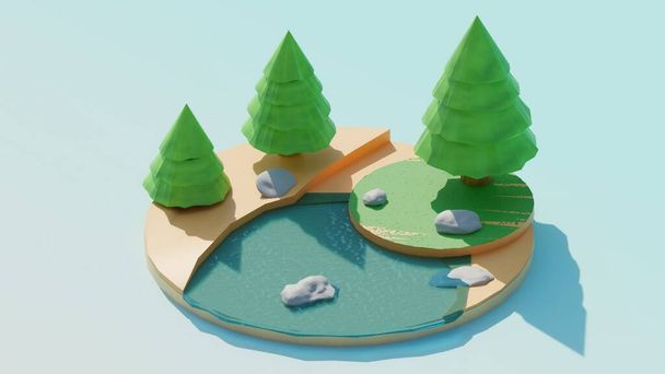 Isometric island with pinetrees. Flying island. Island in low-poly style. - Foto, Imagen