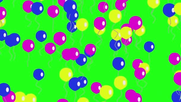 Lila, gele en blauwe ballonnen stijgen op een groene achtergrond de lucht in. Ballonnen animatie. Cartoon achtergrond. - Video