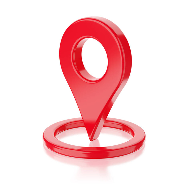 Red glossy map geo tag pin isolated on white background. 3d rendering illustration. - Foto, Imagen
