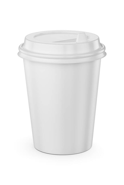 taza de papel de café desechable blanco en blanco de 250 ml con tapa de plástico aislada sobre fondo blanco, ilustración de representación 3d. - Foto, imagen