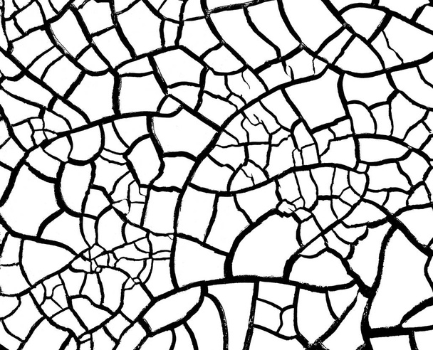 Oberfläche des ausgetrockneten Seebettes mit Rissen im Schlamm. Natürliche Textur Schwarz-Weiß-Overlay - Foto, Bild