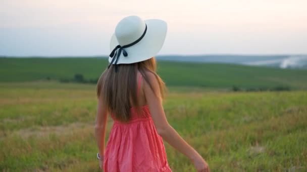 Ritratto di giovane donna dai capelli lunghi in abito rosso che cammina sul campo verde all'aperto in estate - Filmati, video