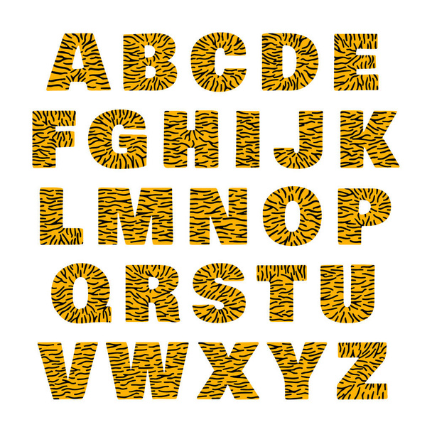Tiger alphabet of bold letters white and orange with black stripes - Vektor, Bild