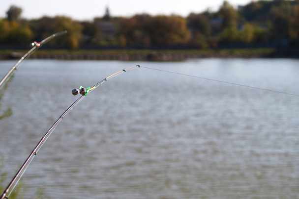 Σήμα καμπάνα, στην άκρη του καλάμι ψαρέματος. Σύνδεση καμπάνα για τη νύχτα και την ημέρα ψάρεμα σε μια λίμνη ή το ποτάμι. Ψάρεμα. Αθλητικά και χόμπι. Θήρα αλιείας. - Φωτογραφία, εικόνα