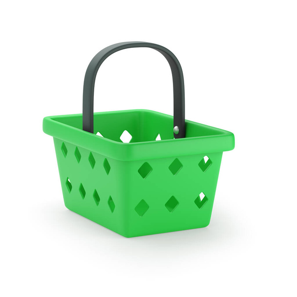 Καλάθι αγορών. Πράσινο πλαστικό παντοπωλείο ή καλάθι τροφίμων σε στυλ κινουμένων σχεδίων, απομονώνονται σε λευκό. 3d renderin - Φωτογραφία, εικόνα