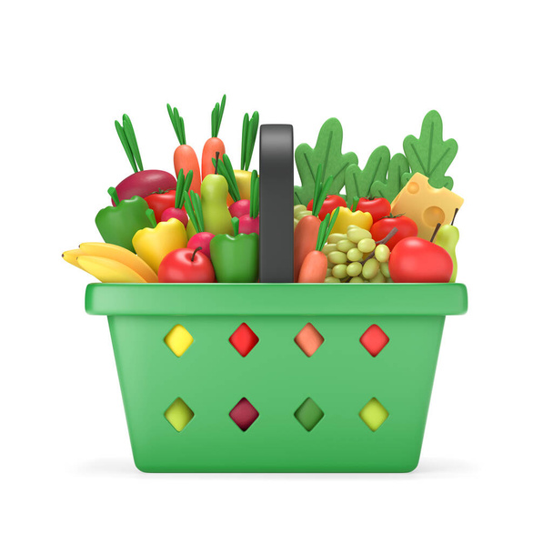 Warenkorb mit Lebensmitteln. Voller grüner Lebensmittelladen oder Lebensmittelwagen aus Kunststoff mit Produkten im Cartoon-Stil, Seitenansicht, isoliert auf weiß. 3D-Darstellung. - Foto, Bild