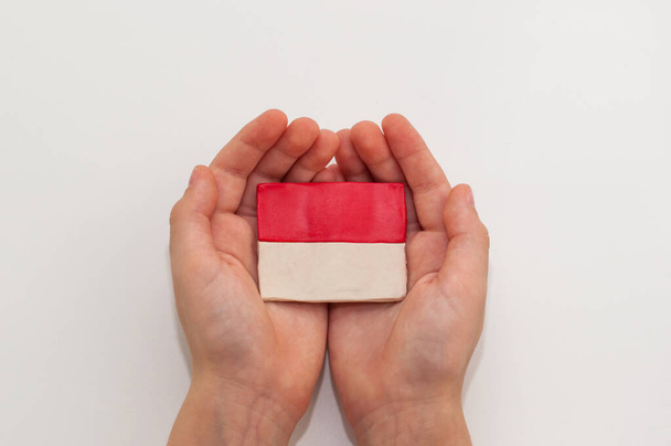 flag of indonesia and Monaco made of plasticine in the hands of a child on a white background - Foto, immagini
