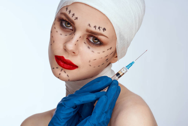 woman Red lips plastic surgery operation bare shoulders studio lifestyle - Photo, Image