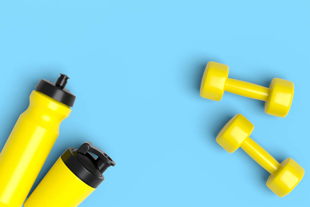 Isometric view of sport equipment like water bottle and dumbbell on blue background. 3d render of power lifting and fitness concept - Photo, image