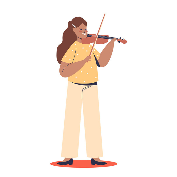 Cute girl playing violin. Small kid play classical music on classic instrument. Children orchestra - Vector, Image