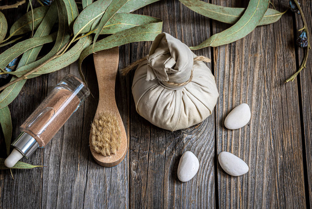 Spa composition with body care products on a wooden background. - Photo, Image