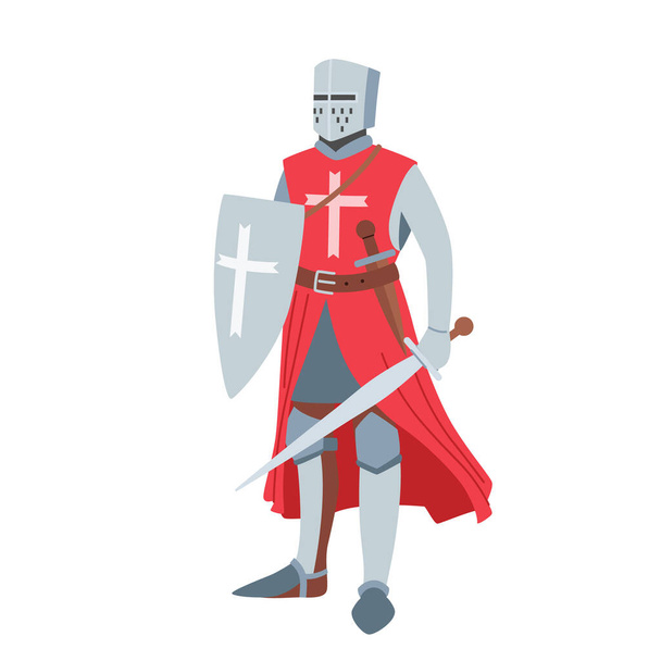 Średniowieczny rycerz Heraldyczny Postać nosząca zbroję i miecz Odważny Wojownik Krzyżowiec Izolowany na białym tle - Wektor, obraz